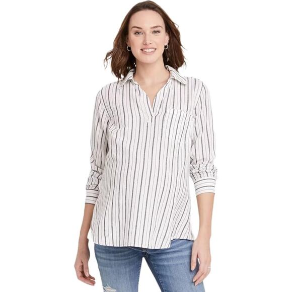 NWOT INGRID ISABEL Top XL Maternity Linen Blend Stripe Snap Long Sleeve Popover - Picture 1 of 6